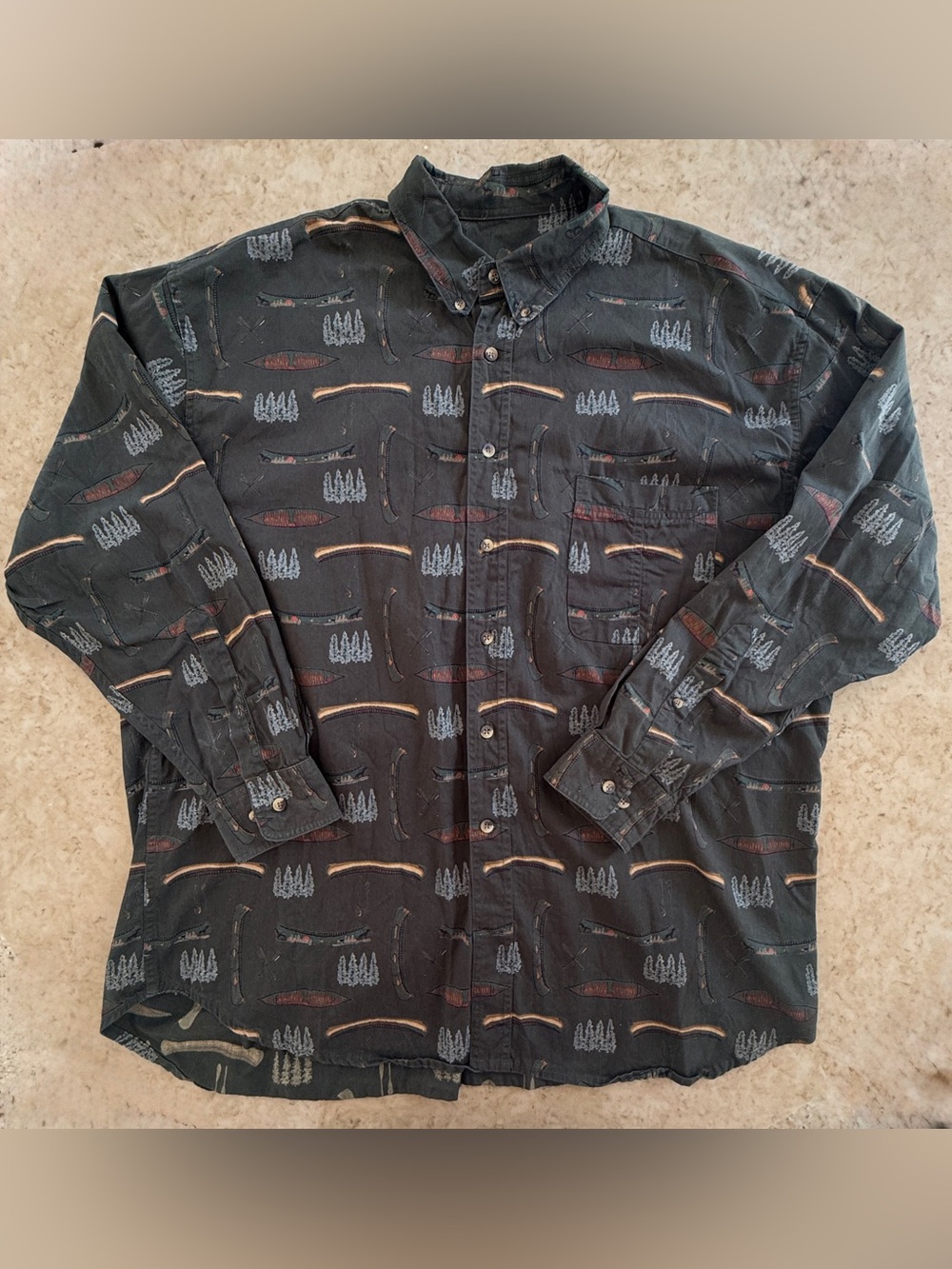 Vintage Washed Dark Olive Green Outdoor Novelty Print Button Up Shirt XL